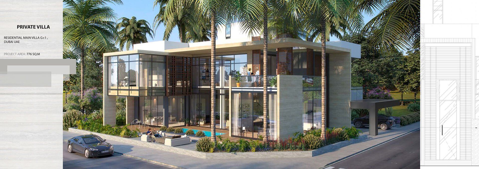 Modern house with glass walls, surrounded by greenery and a car in front.