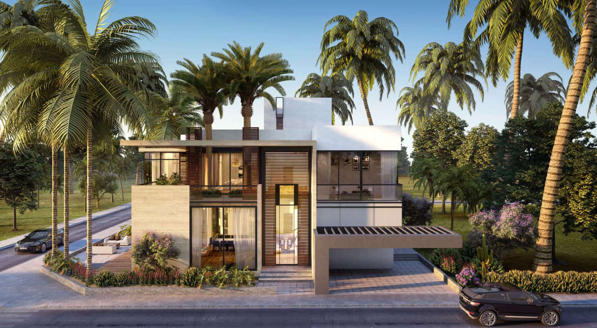 Modern two-story house with wooden accents, palm trees, and a car parked in the driveway.