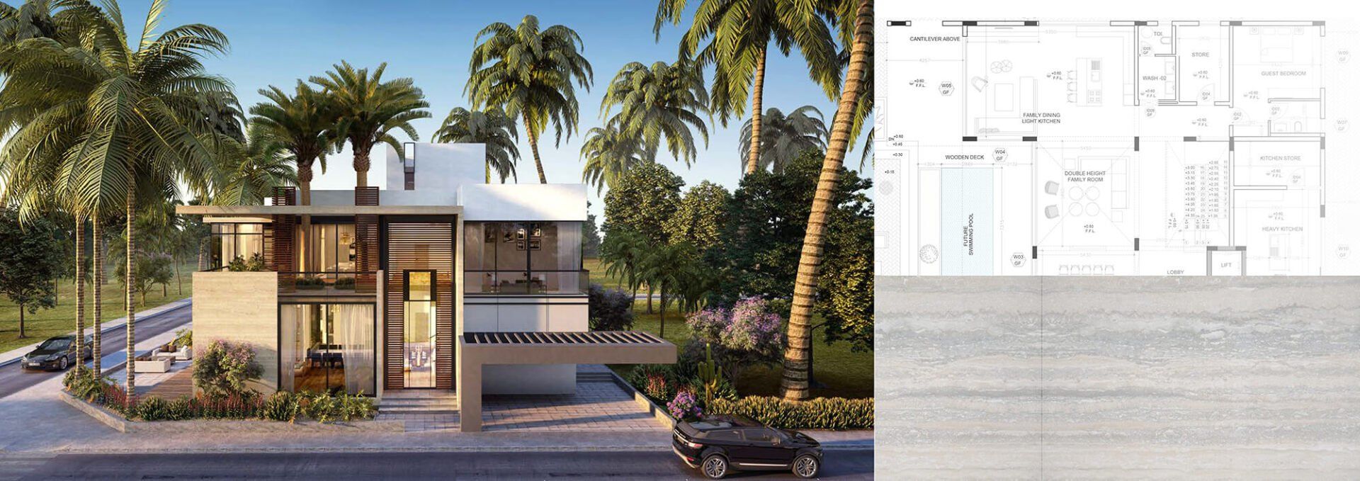 Modern house with floor plan details. Exterior view shows two-story building with palm trees.