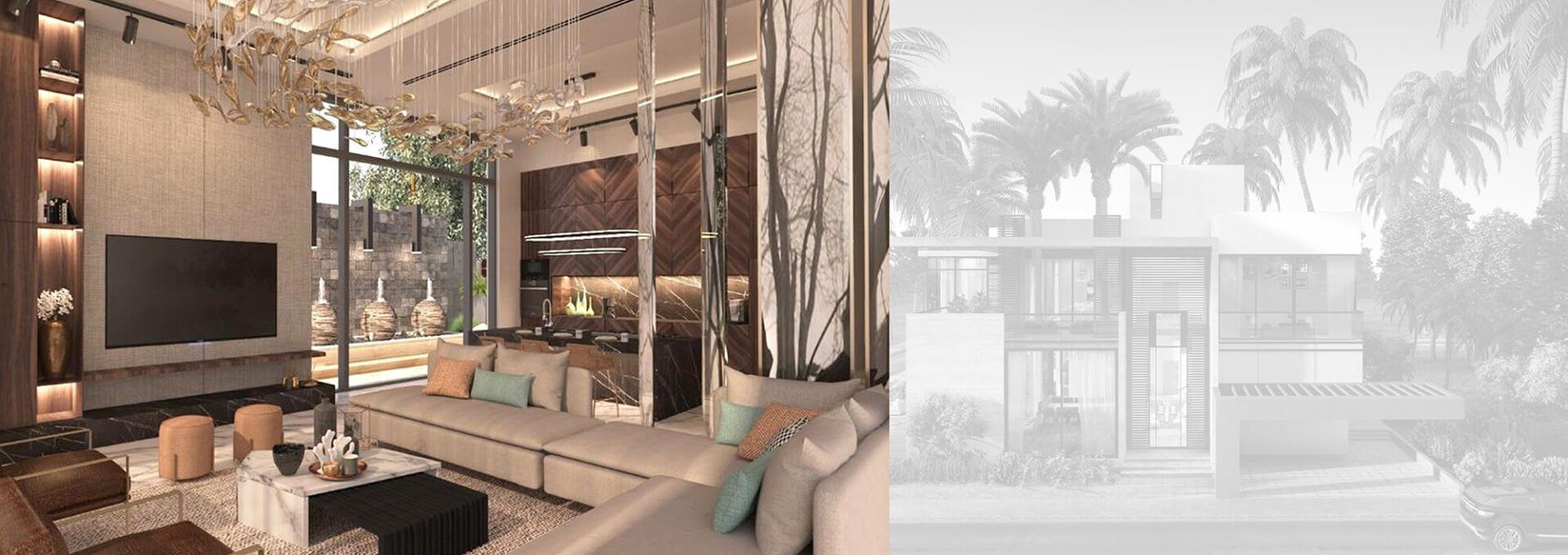 Luxurious living room with modern decor, open to a blurred view of a modern house.