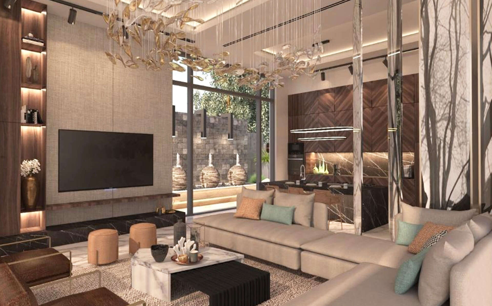 Luxurious living room with beige sectional, accent pillows, fireplace, and chandelier.