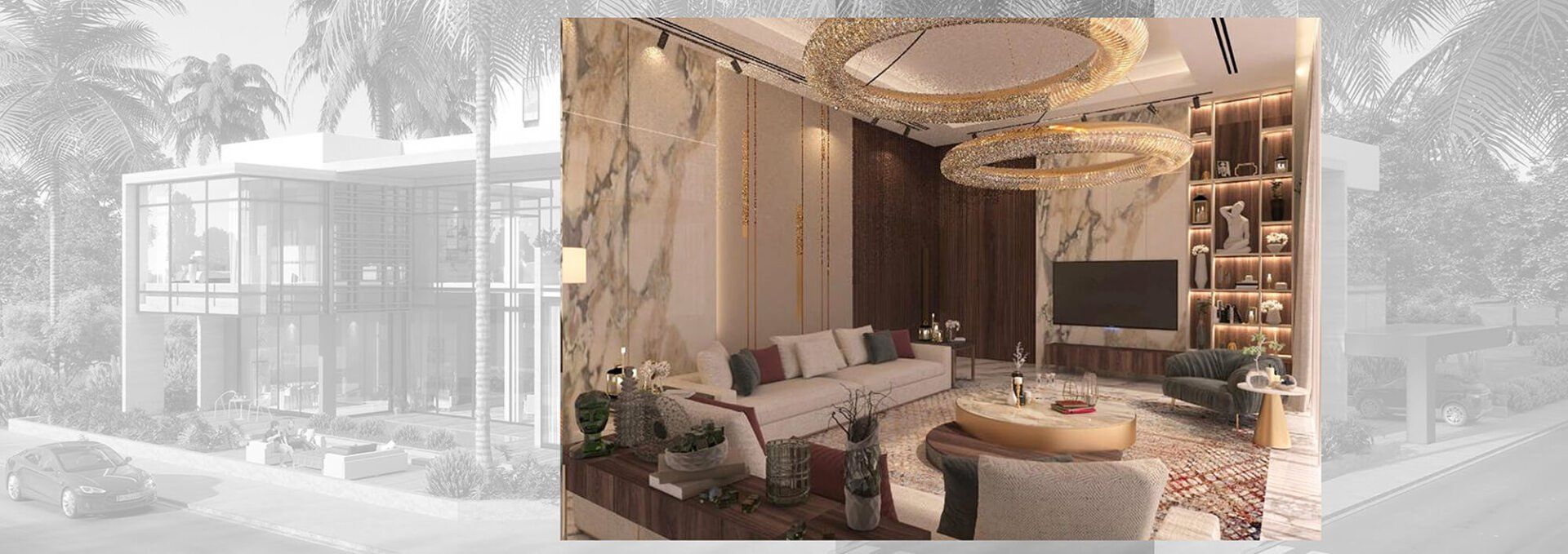 Luxurious living room interior with marble wall, sofa, and a view of the outside.