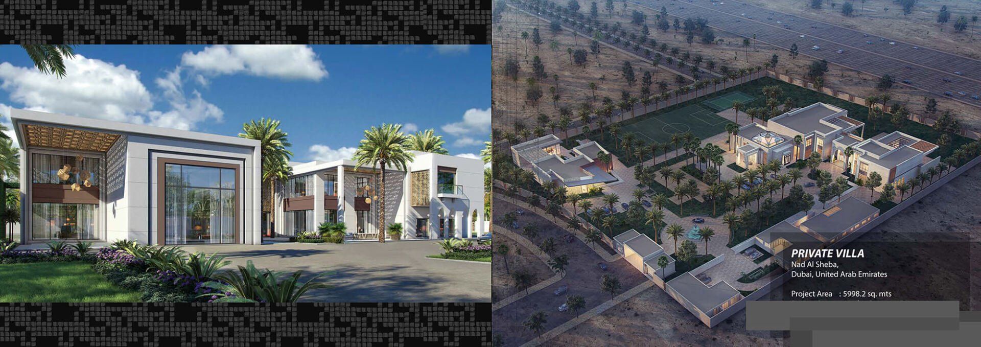 Two architectural renderings of buildings, one modern and one aerial view of a complex.