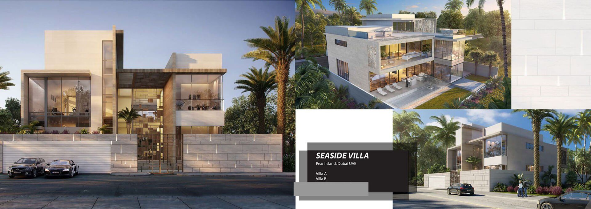 Modern luxury homes with palm trees and architectural renderings.