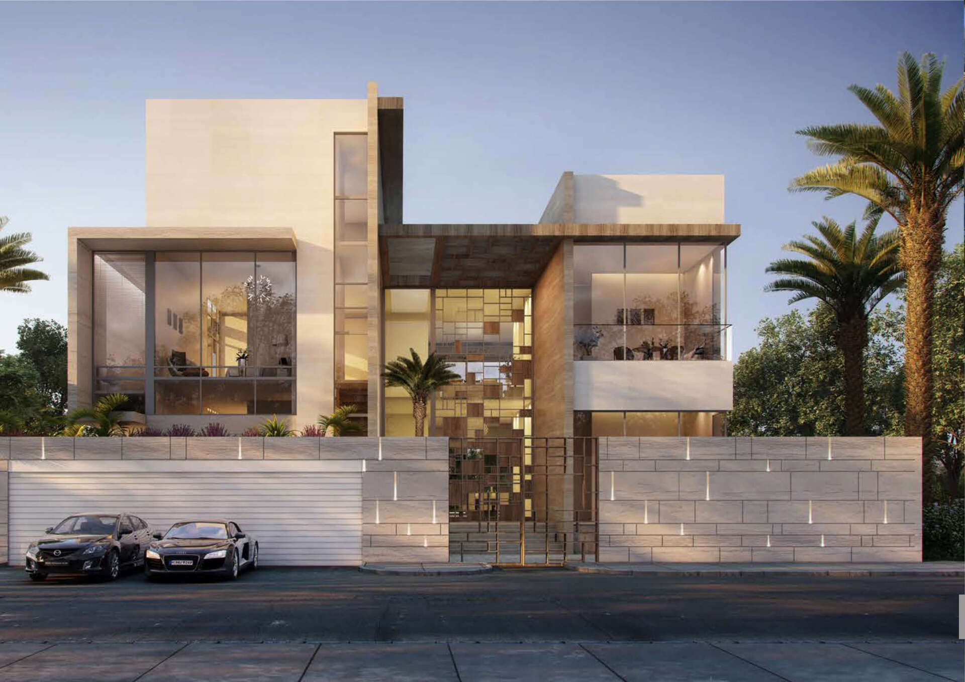 Modern, two-story house with large windows, concrete facade, two cars parked outside, and palm trees.
