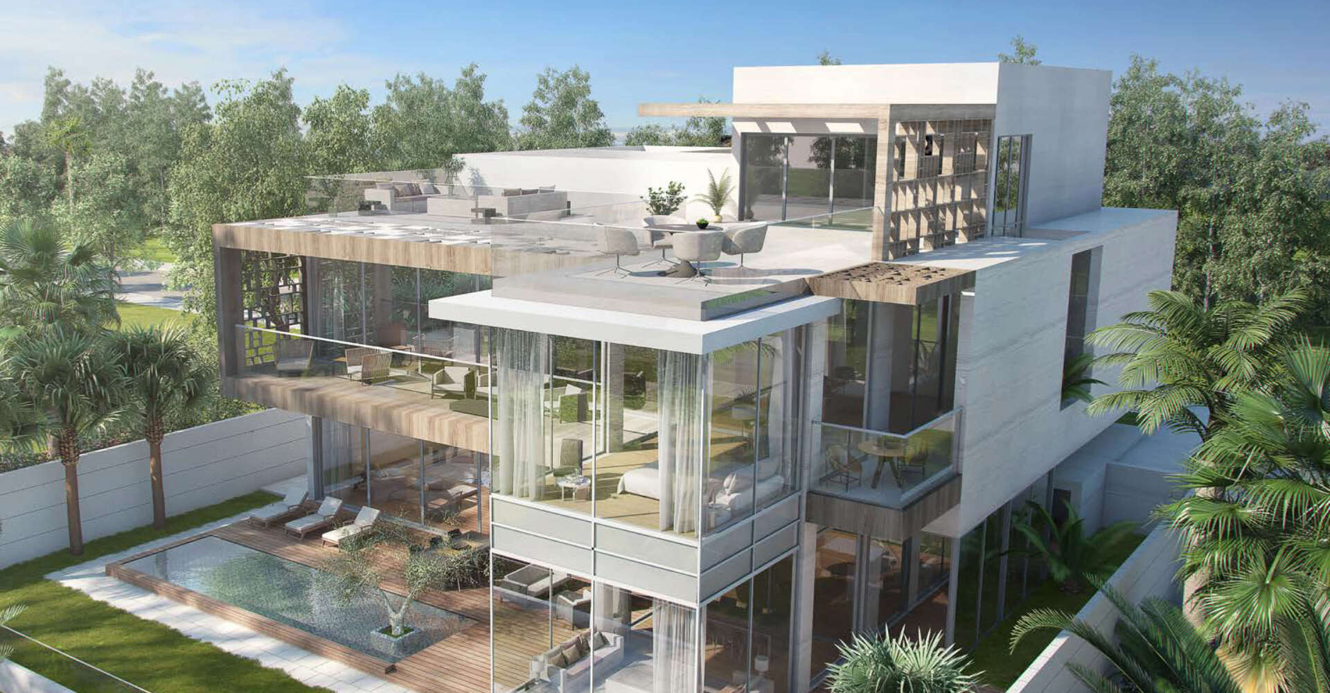 Modern multi-story house with pool and glass walls, surrounded by trees.