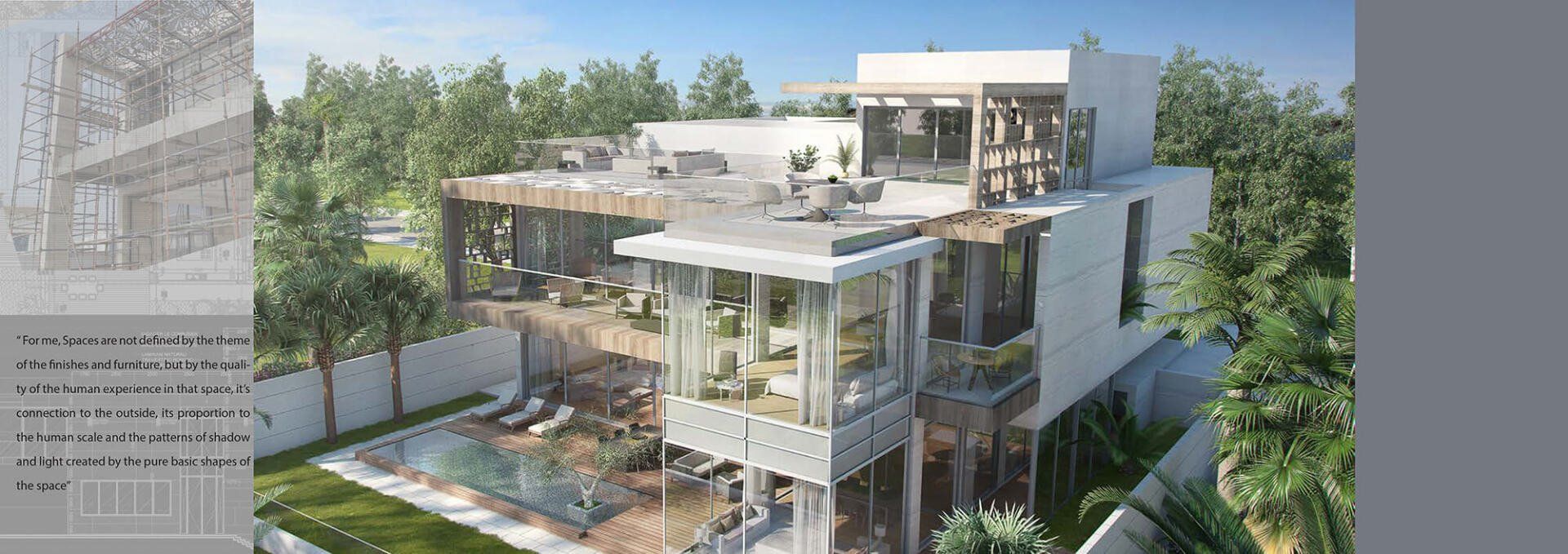 Modern house with a pool and glass walls, in an architectural rendering. Green trees and blue sky.