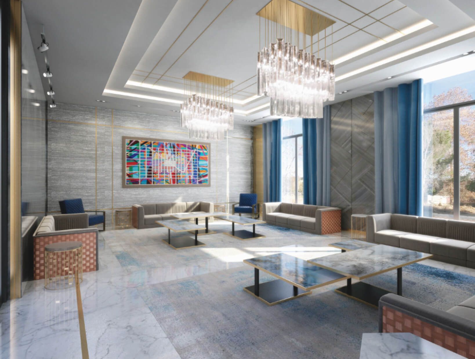 Luxurious lobby with blue accents, art, modern furniture, and chandeliers.