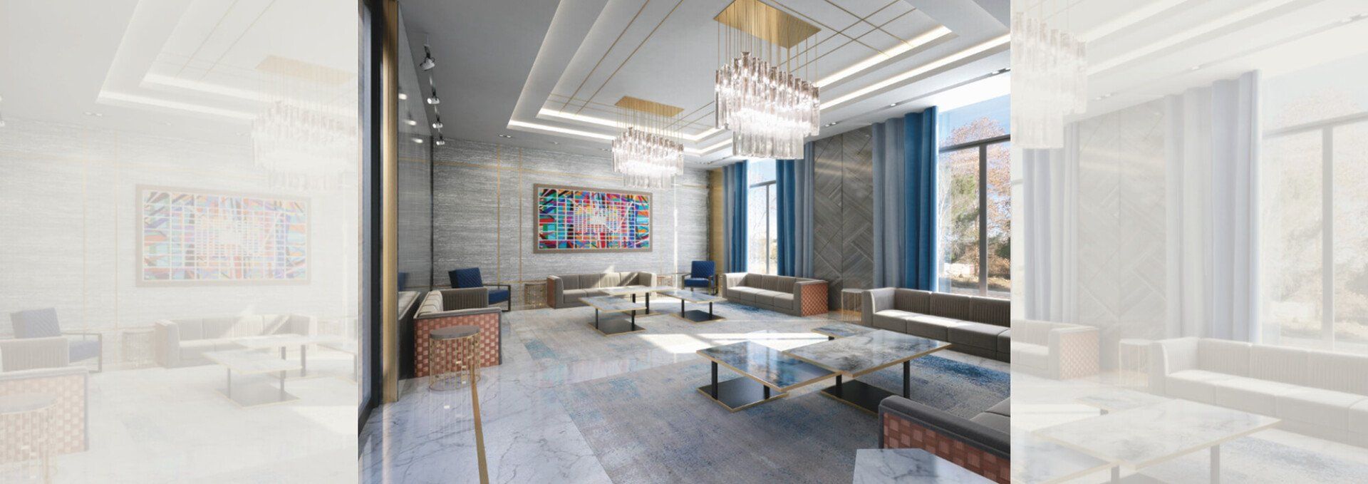 Luxurious, spacious living room with a modern, artistic design featuring chandeliers and blue curtains.