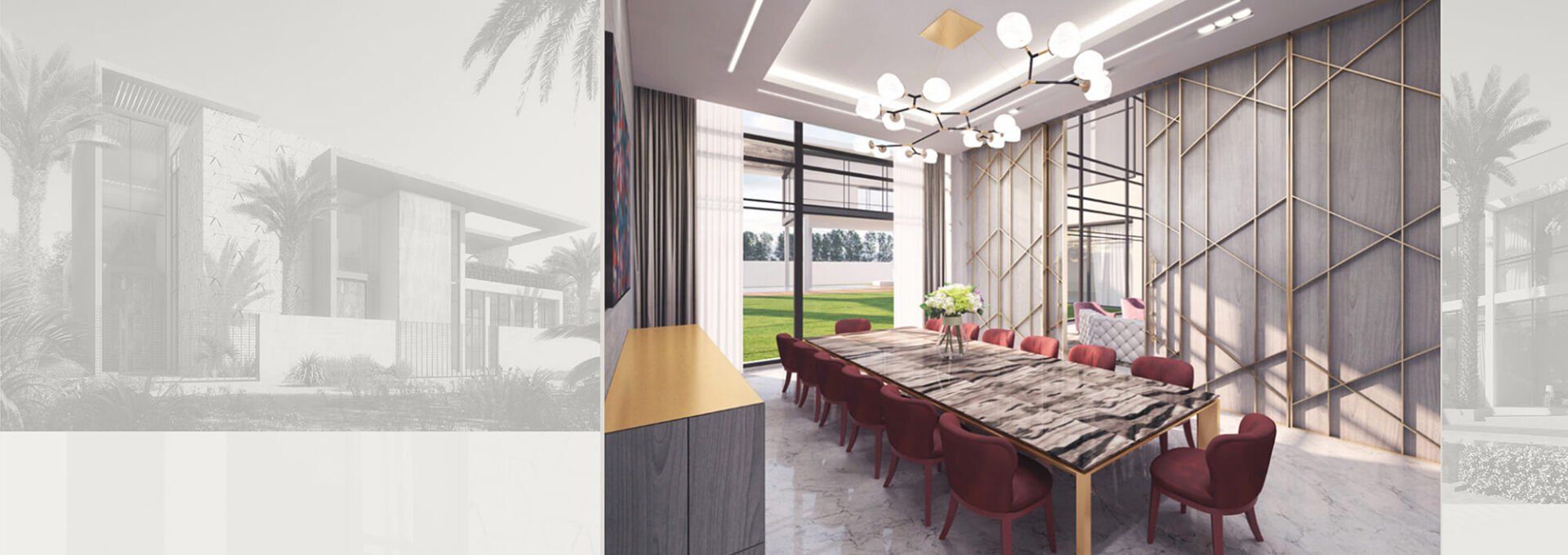 Dining room interior with a long table, red chairs, and a modern chandelier.