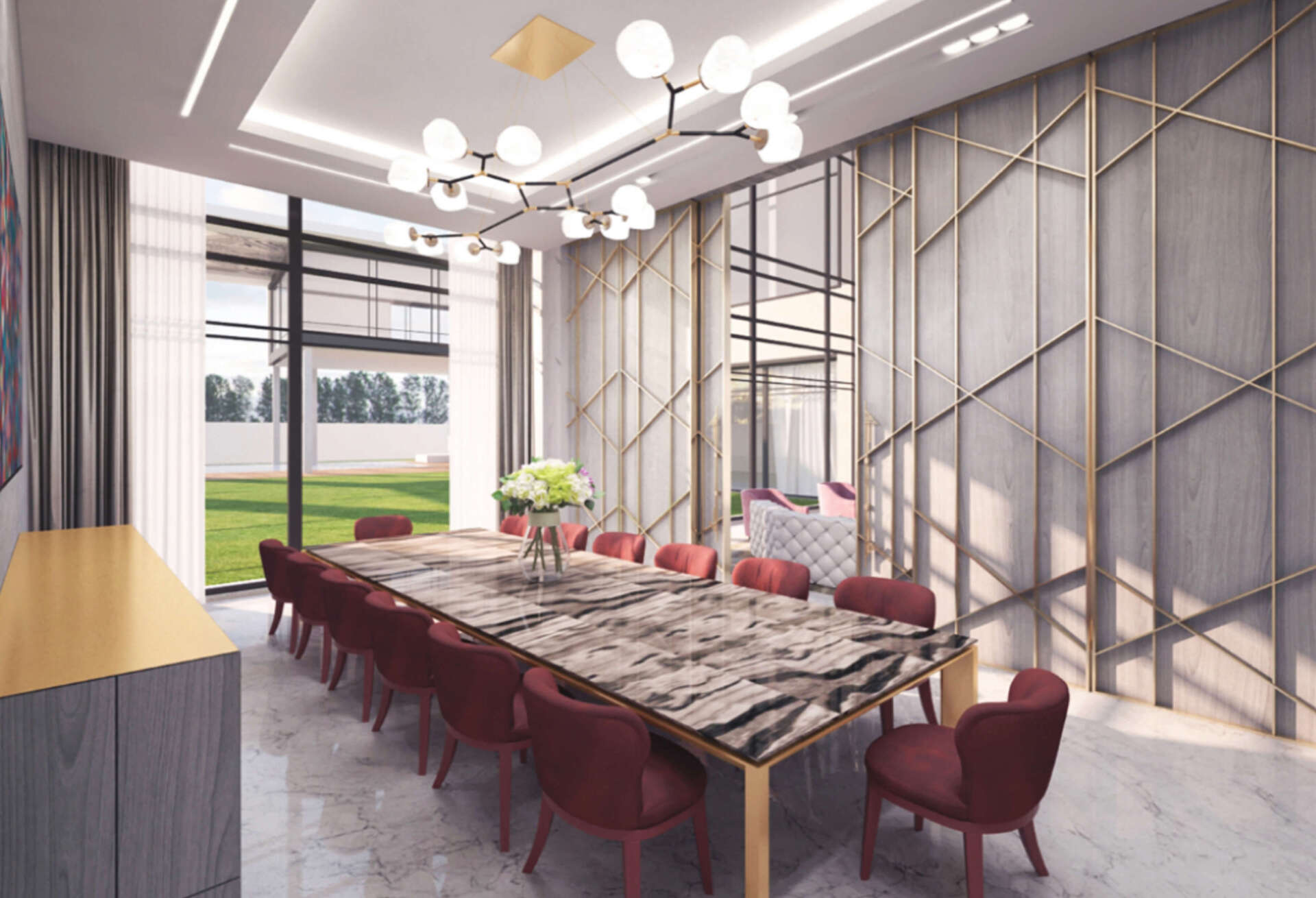 Formal dining room with long table, maroon chairs, modern chandelier, and gold accents.