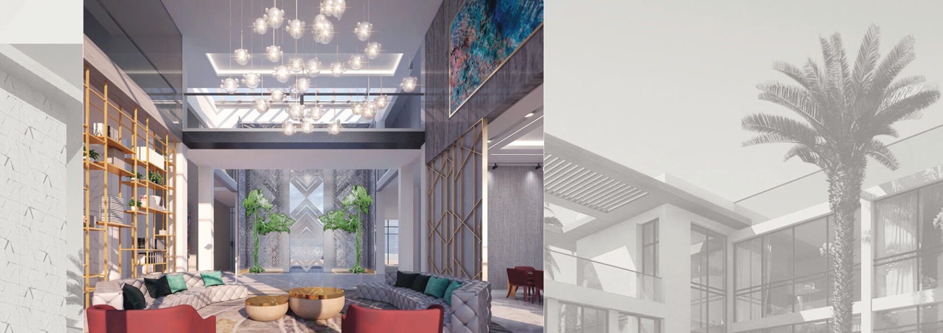 Lobby with a large seating area, wooden shelving, and large windows. Palm tree outside.