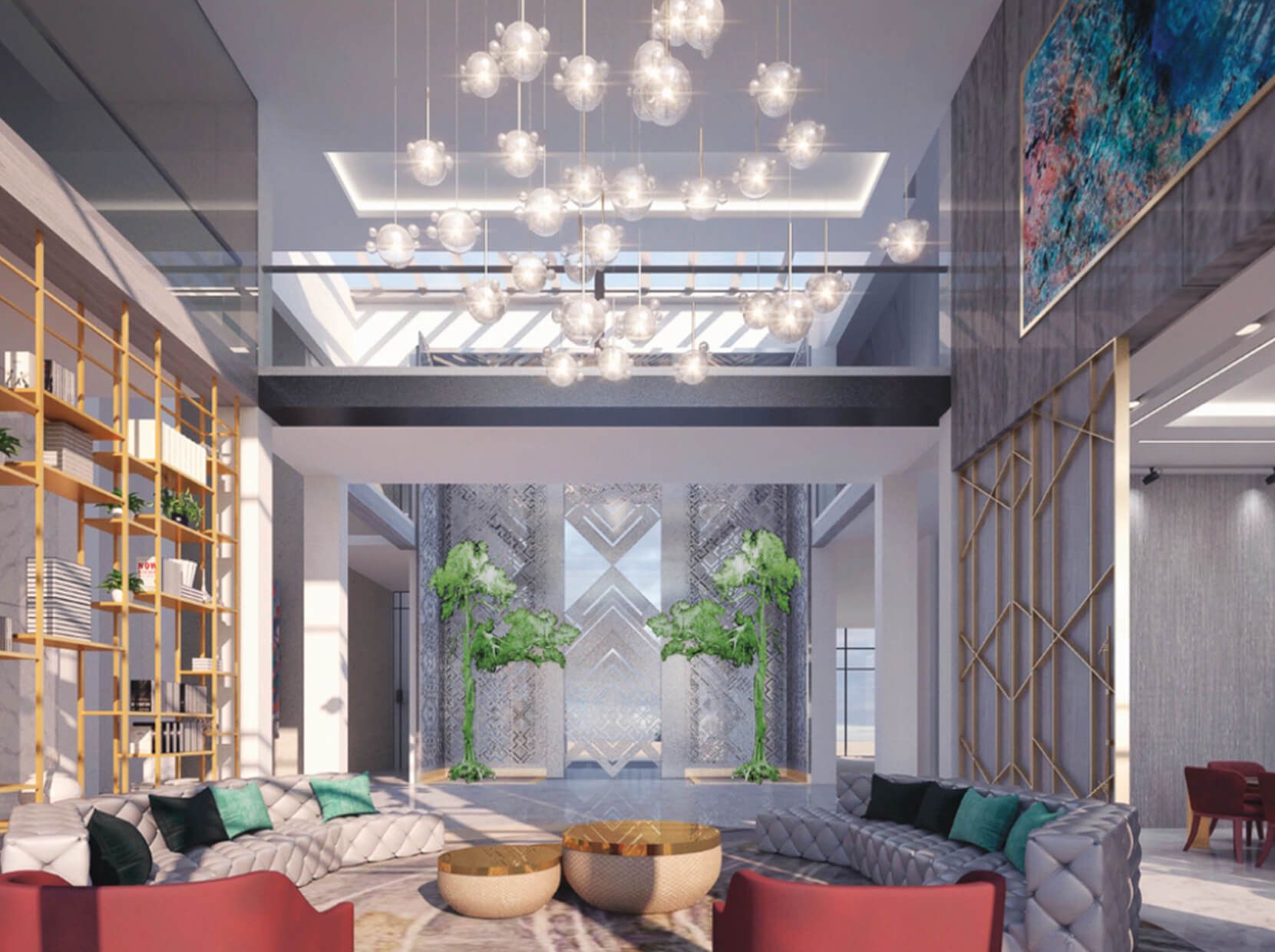 Luxurious lobby with modern furniture, a grand chandelier, and an artistic accent wall.