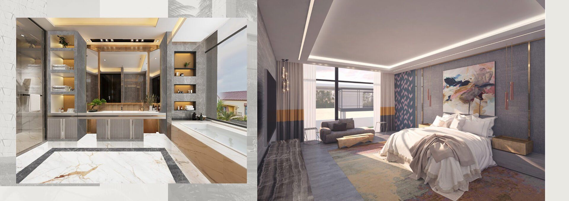 A modern bedroom and bathroom interior. Gray, white, and gold color scheme.