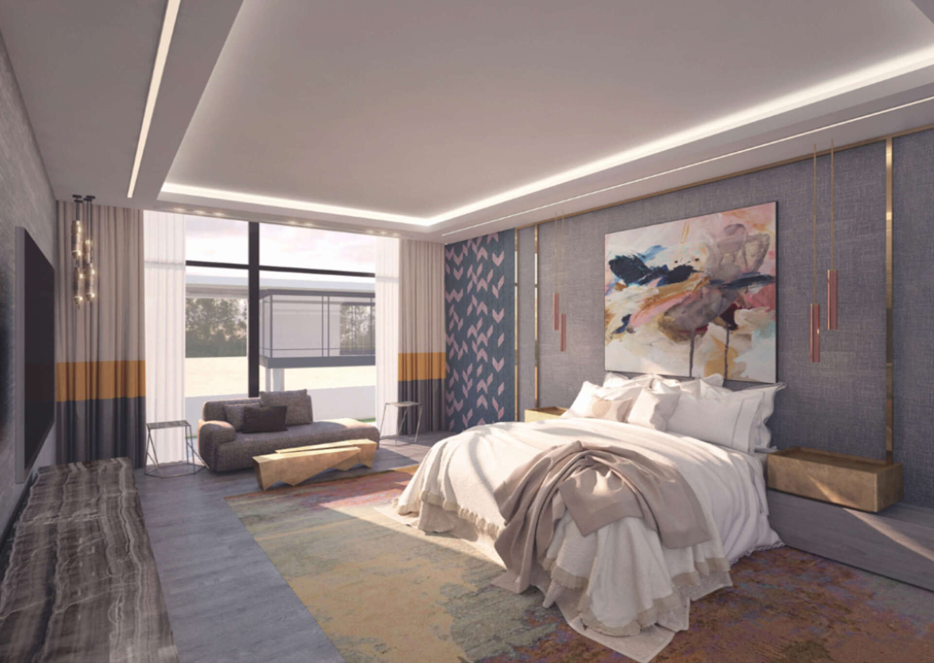 Modern bedroom with bed, seating area, large artwork, window, and neutral colors.