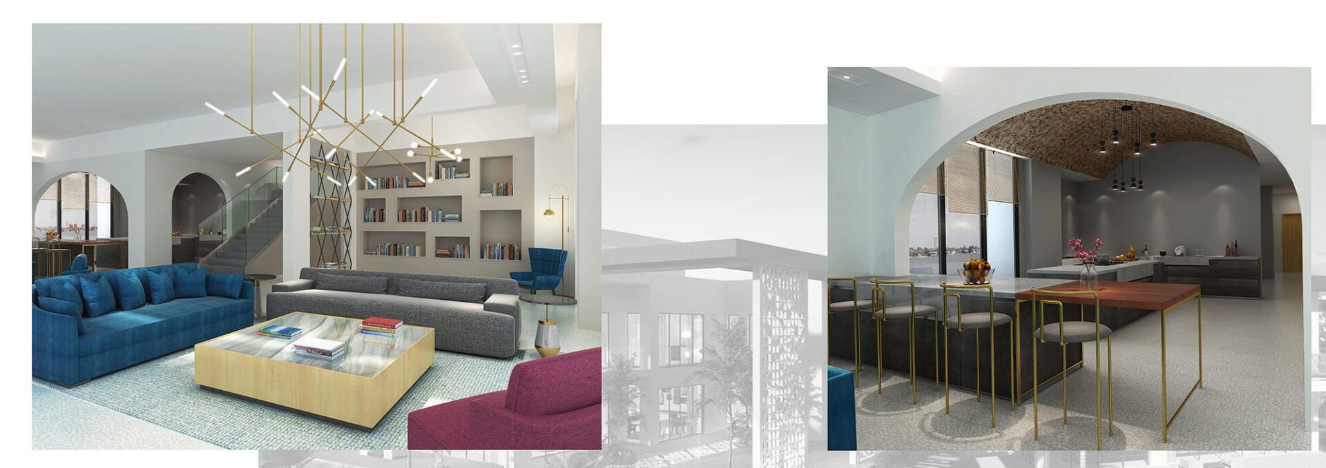 Two interior shots of rooms with blue and gray sofas, a yellow table, and dining area with a wooden table.