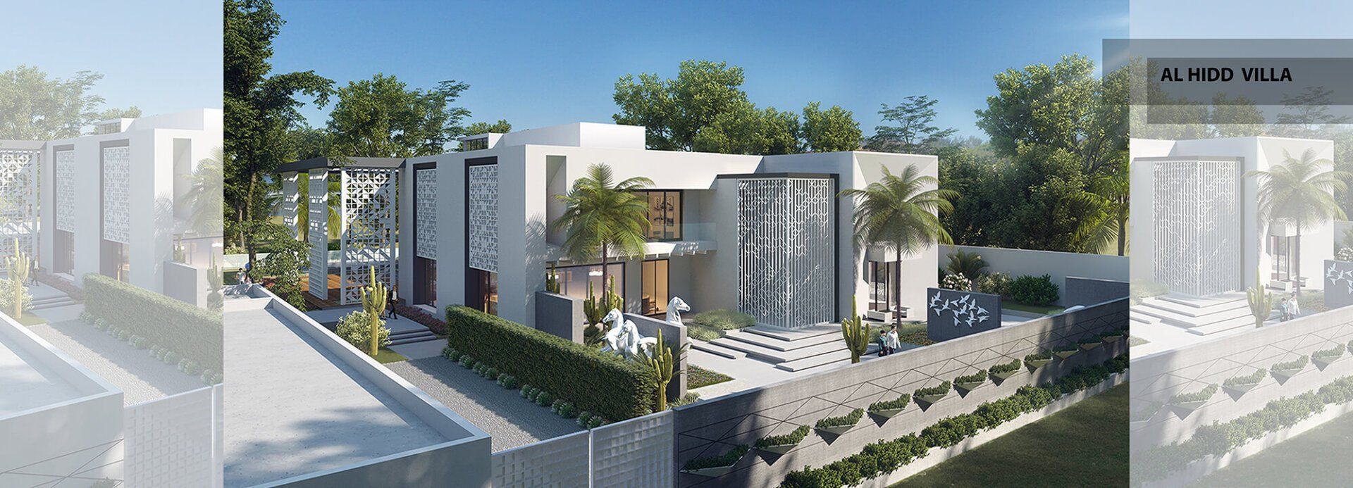 Modern home exterior with neutral color palette, mature landscaping, and a front yard.