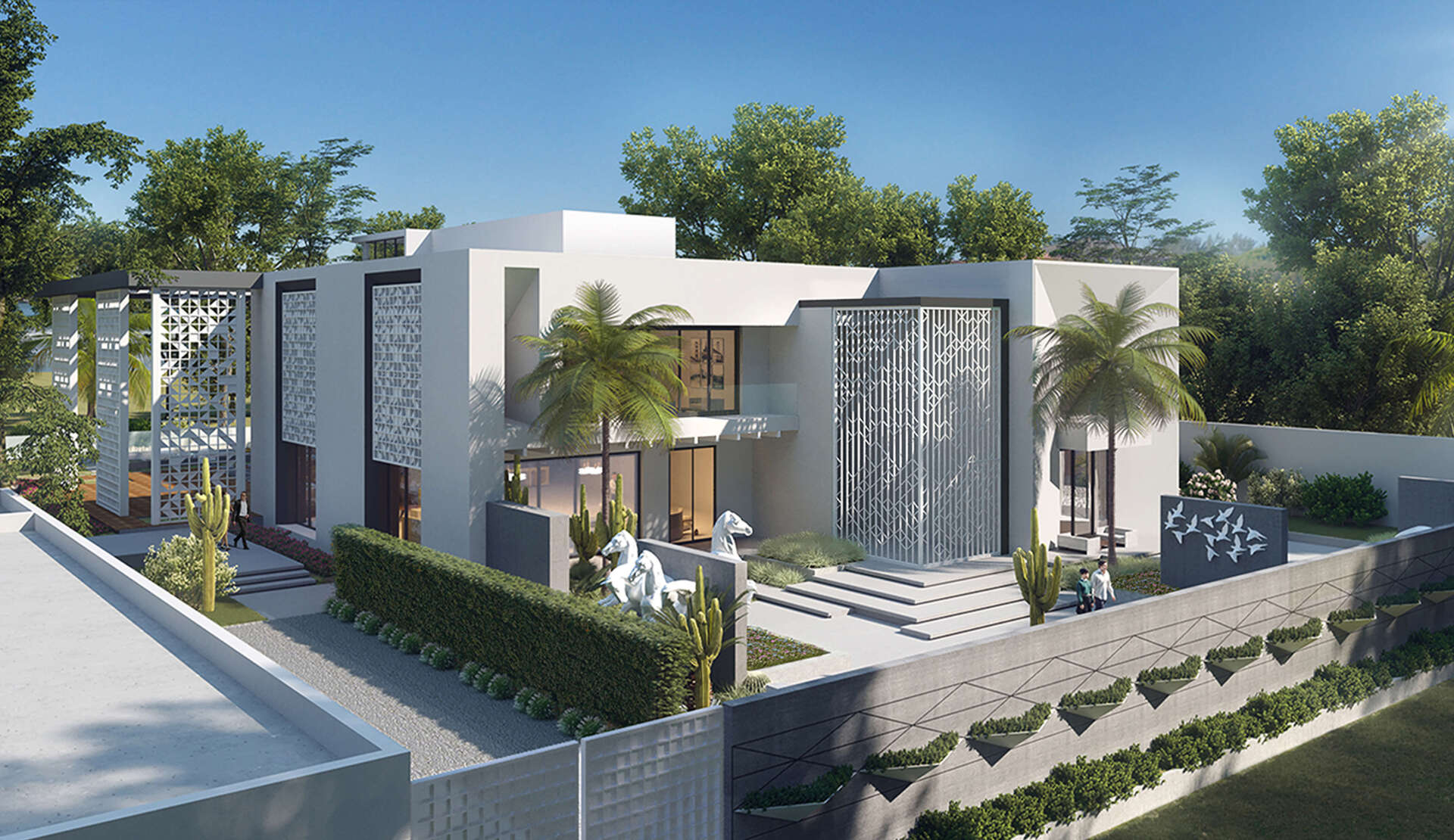 Modern white house with glass waterfall facade, palm trees, and lush landscaping.