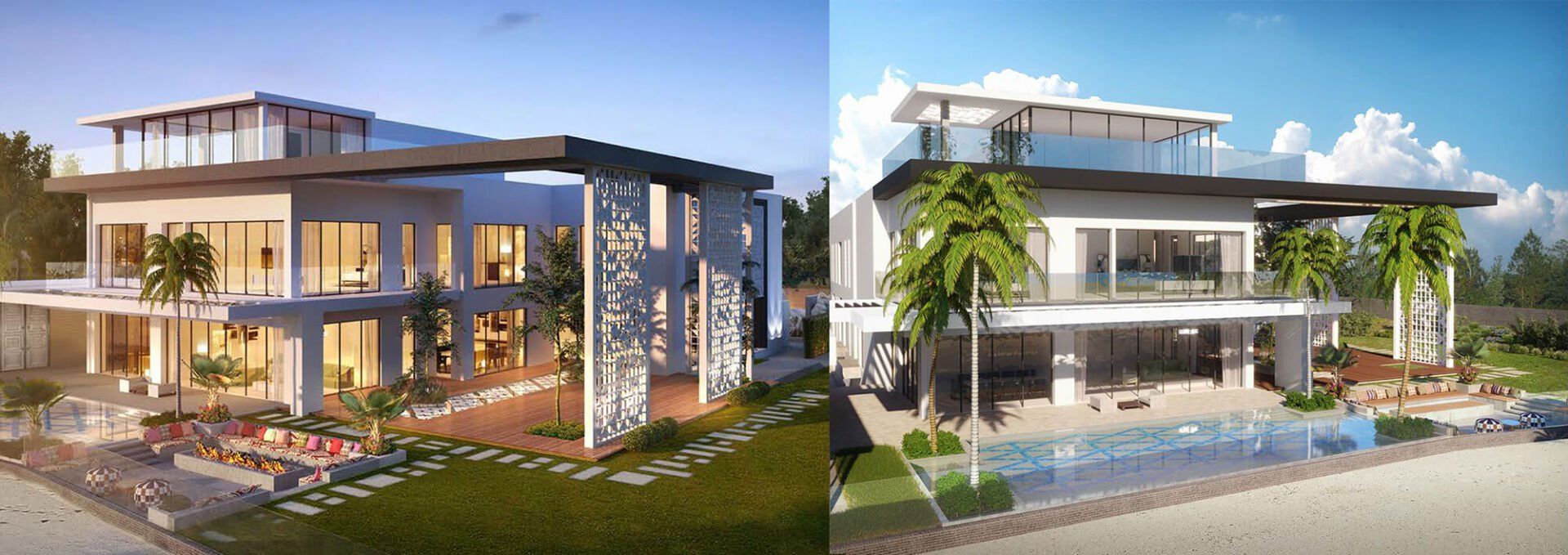 Two modern houses, each with glass walls, pool, and lush landscaping.