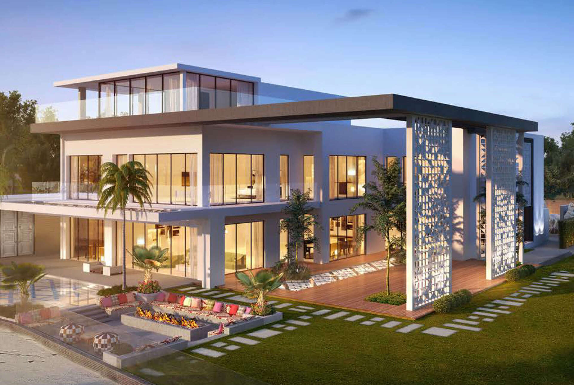 Modern two-story luxury home with glass walls, a pool, and a decorative architectural column.