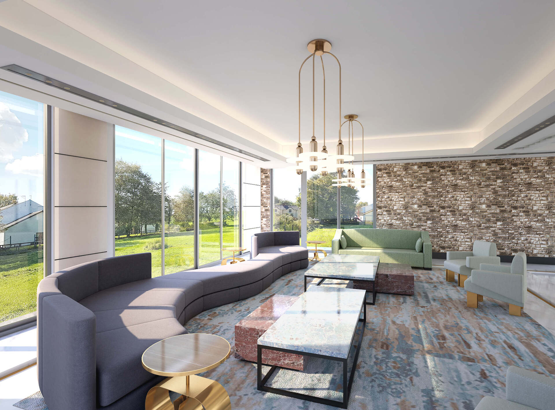 Modern living room with curved sofa, marble tables, and gold lighting.