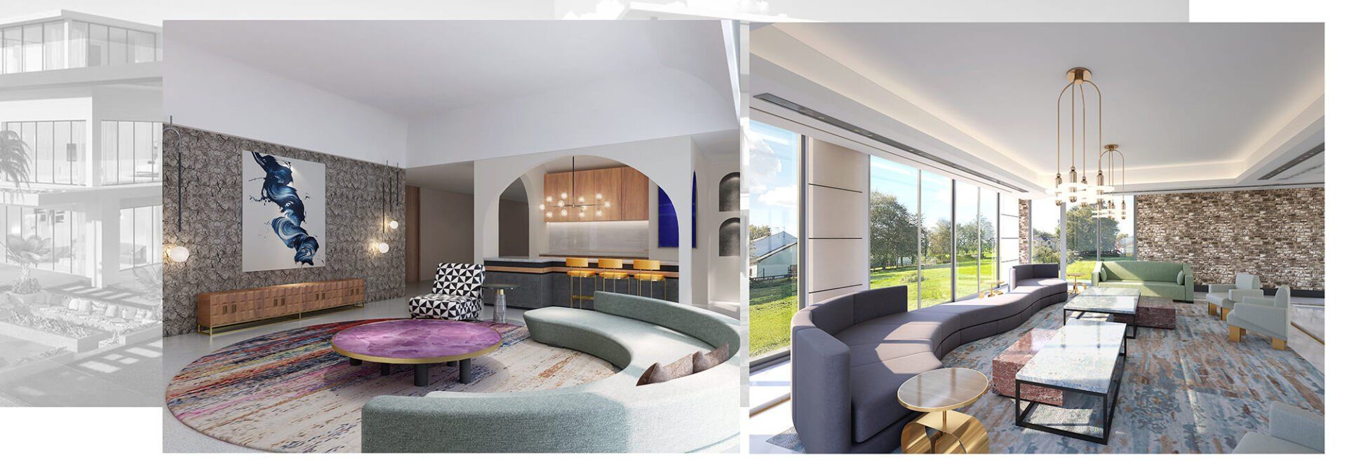 Interior design of a modern living room with curved sofas, large windows, and a stone accent wall.