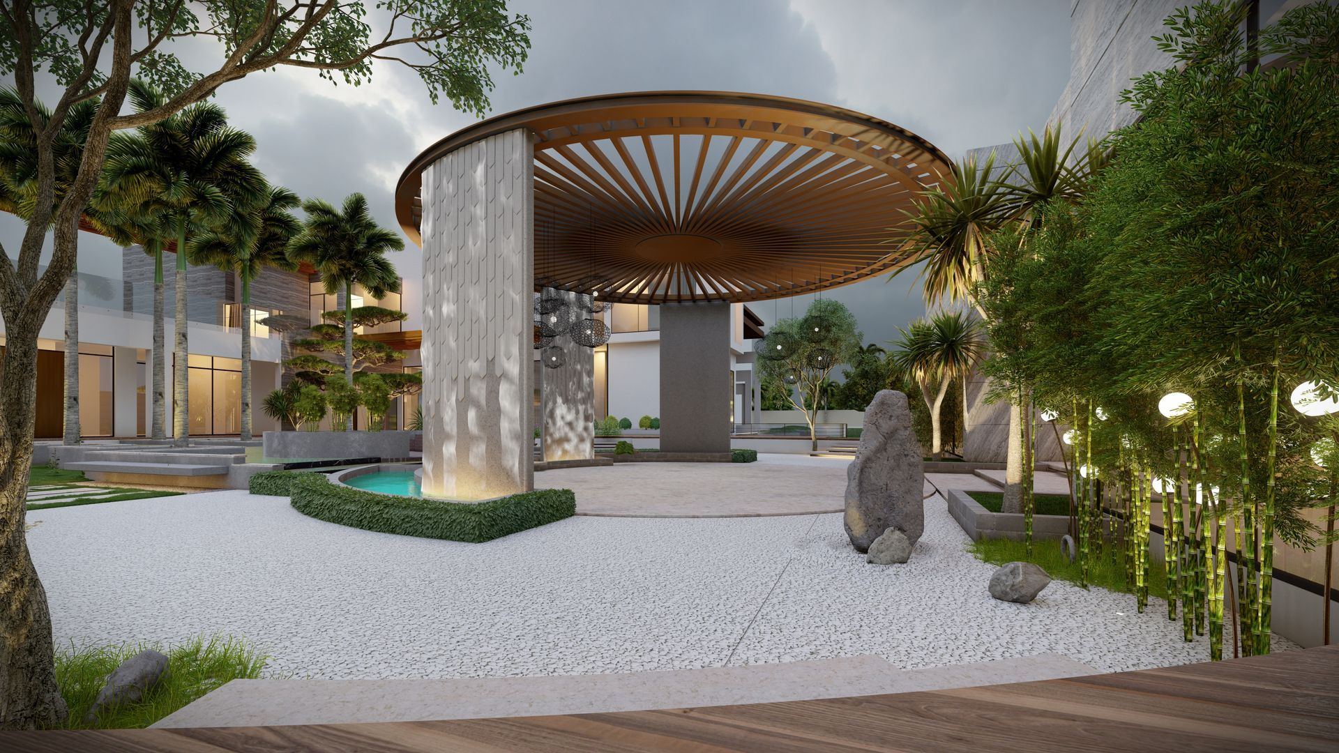 Zen garden with a wooden pergola, stone features, white pebbles, and lush greenery.
