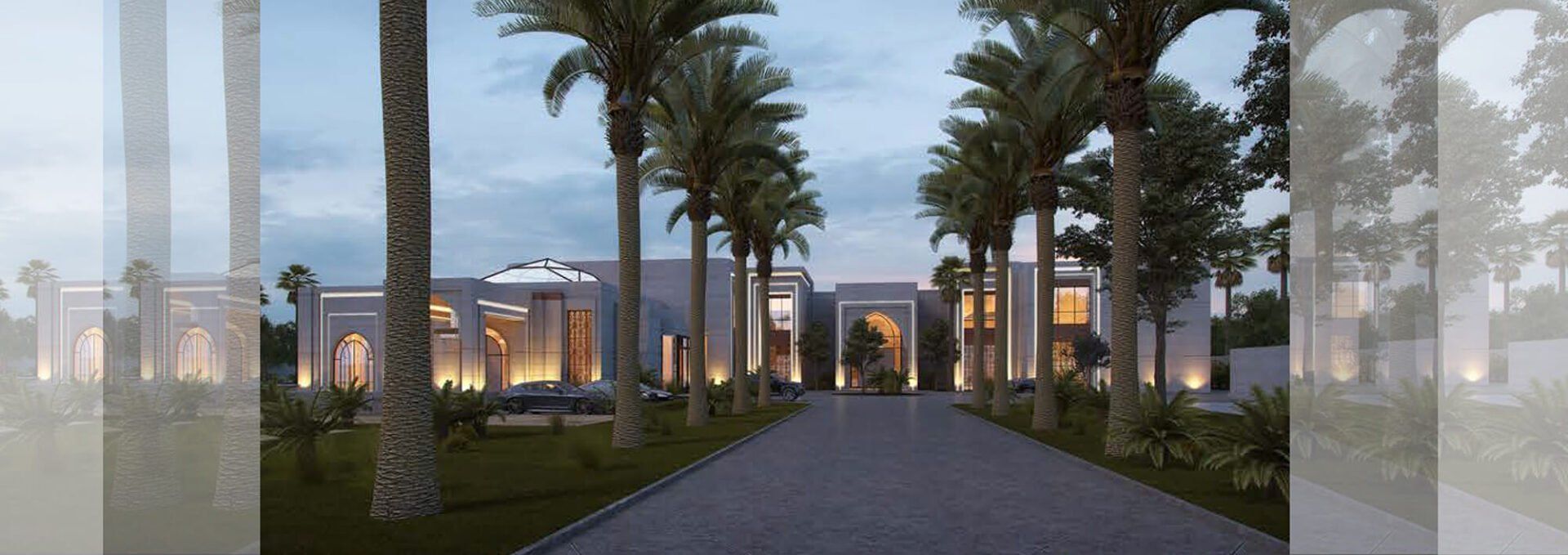 A long driveway leads to a modern white building flanked by palm trees, dusk setting.