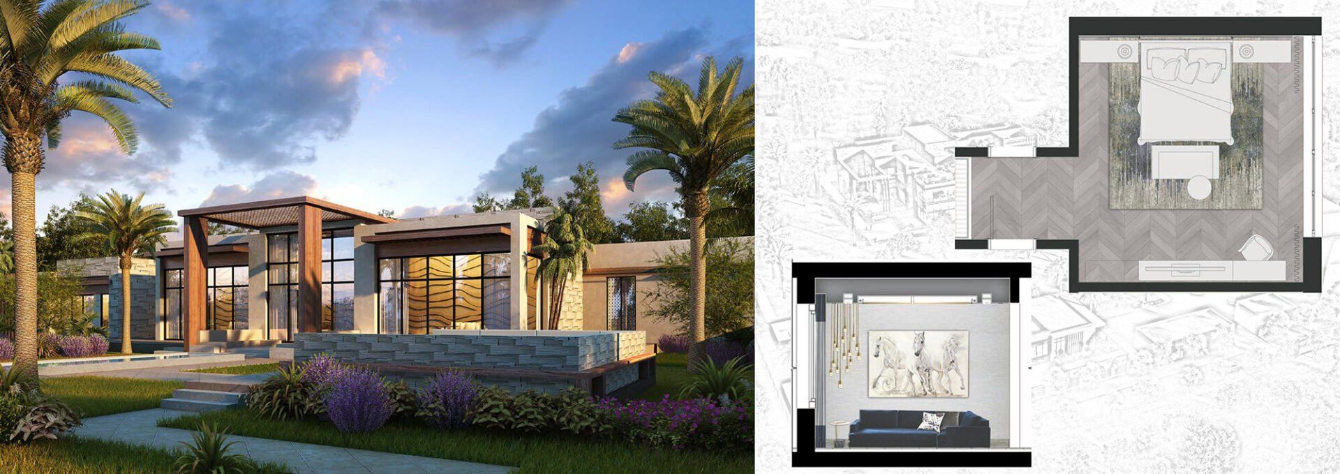 Exterior view of a modern home, floor plans. The house is surrounded by landscaping, with a bright blue sky.