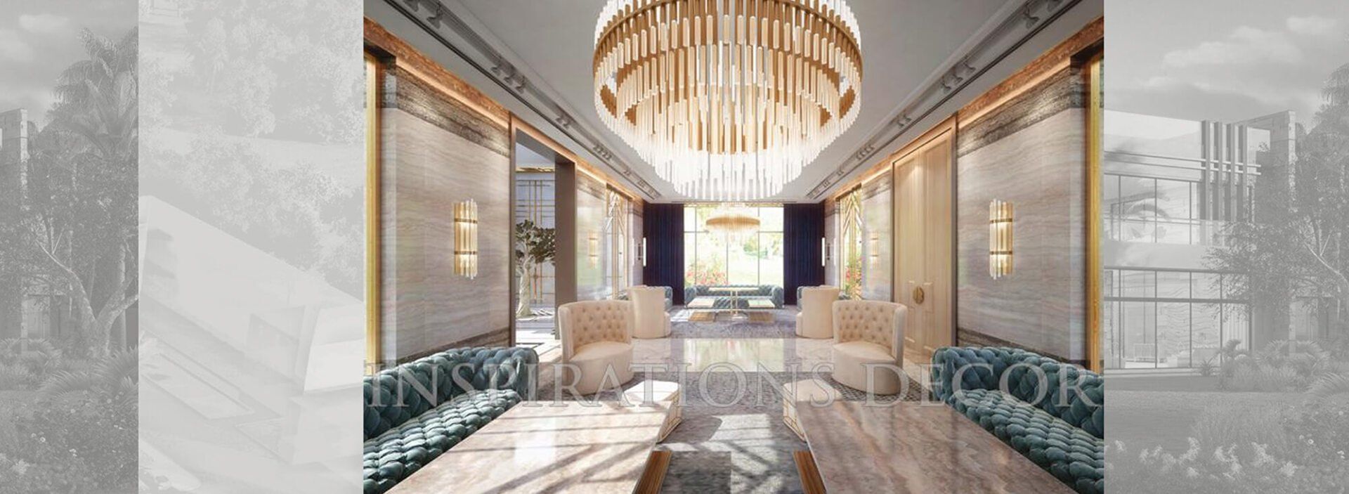 Luxurious interior: long hallway with tables, seating, ornate chandelier, and ornate wall panels.