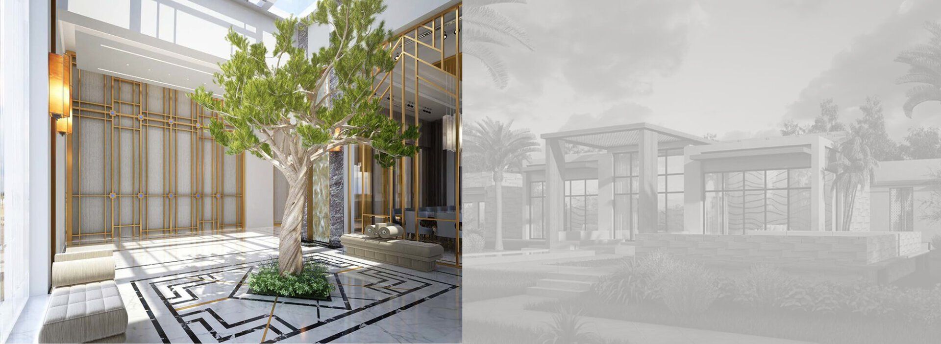 Interior courtyard with tree, patterned floor, and outdoor building rendering.