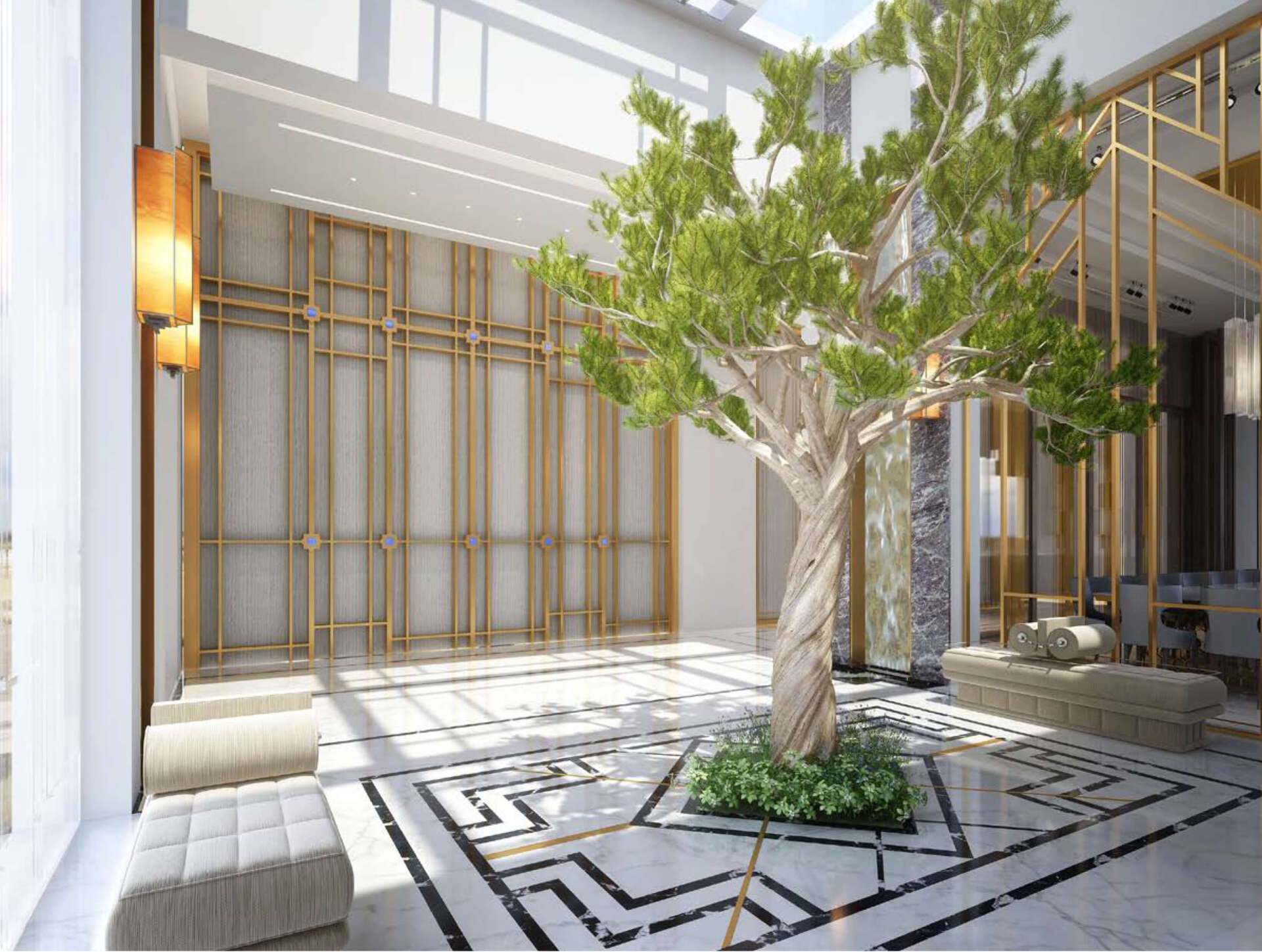 Indoor atrium with marble floors, gold accents, and a tree.