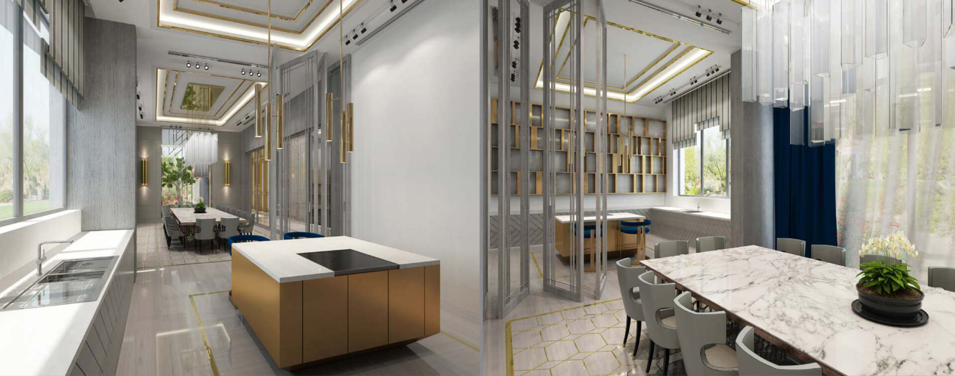 Luxurious dining room with multiple tables, gold and white decor, modern design.