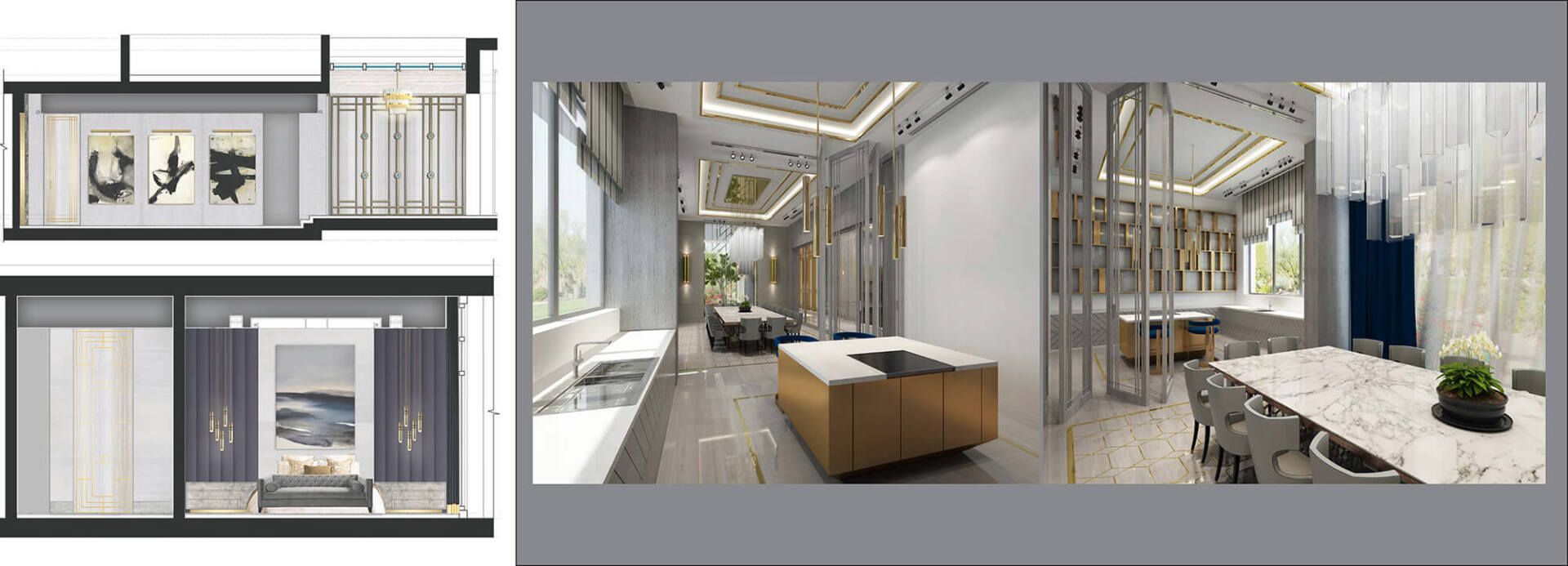 A modern interior design concept with a dining area, living area, and room plan.