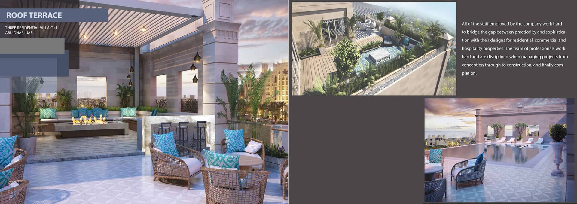 Rooftop terrace with seating, bar, fire pit, and plants; small landscape and bar photos to the right.