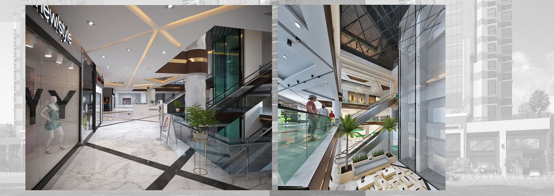 Interior of a modern shopping mall with glass railings, escalators, and shops.