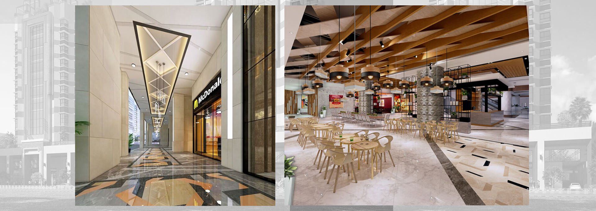 Two upscale interior mall scenes: hallway with shops and dining area with tables.