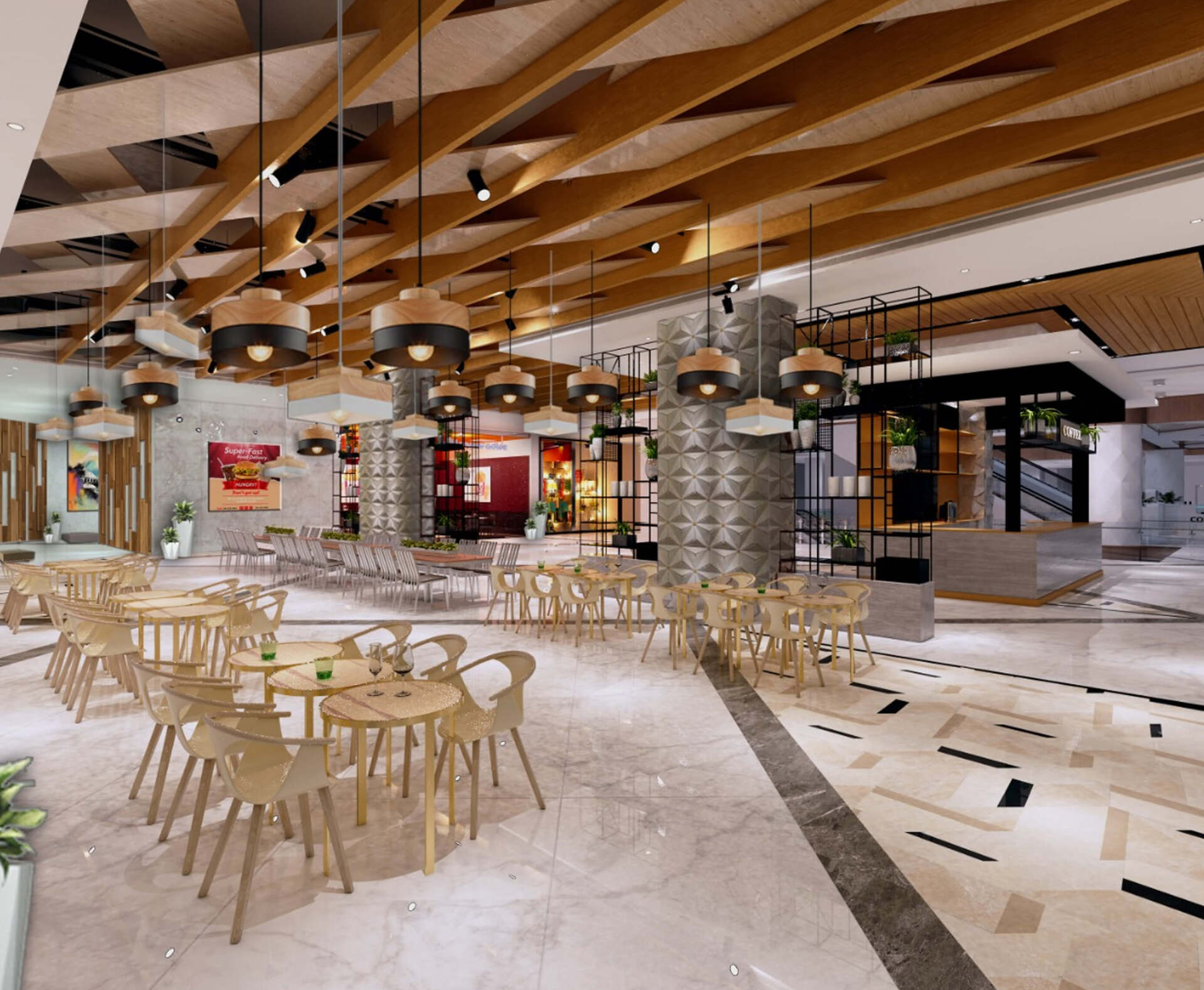 Restaurant interior with round wooden tables, chairs, and hanging lights.
