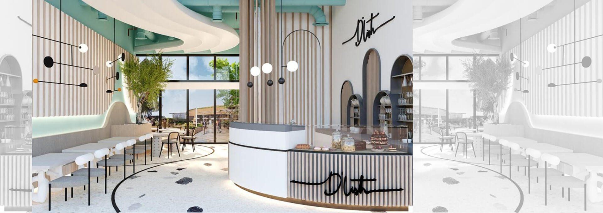 Interior of a modern cafe with a white and teal color scheme, featuring a counter, seating, and windows.