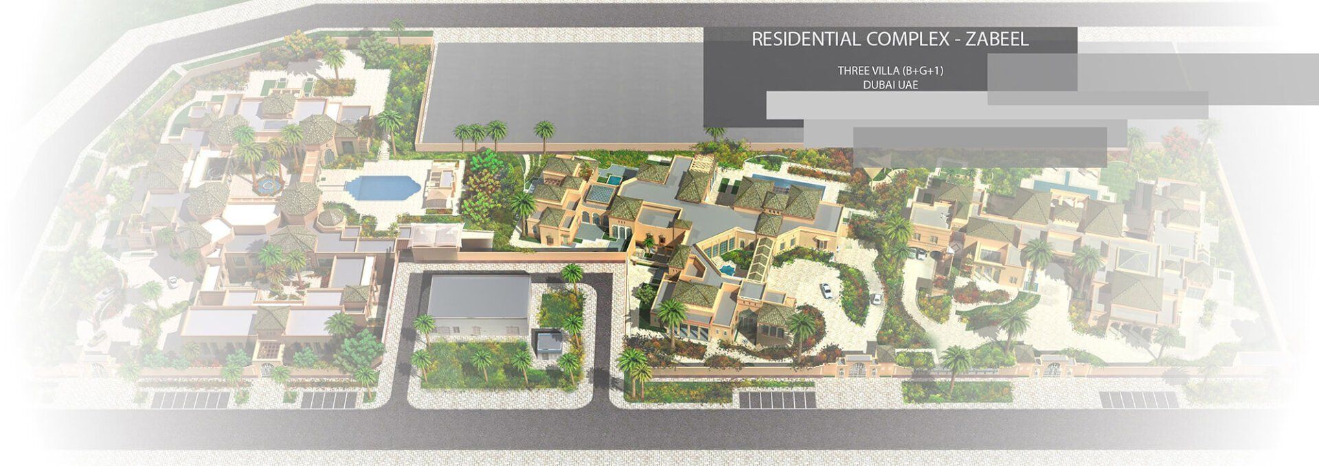 Aerial view of a resort complex with buildings, pools, and lush landscaping.