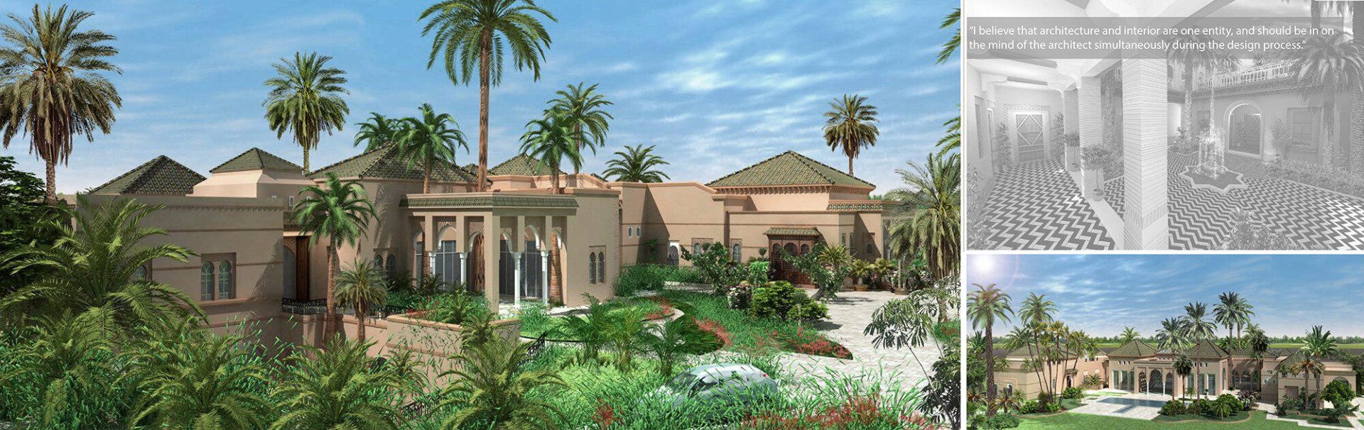 A large building with palm trees and a garden. Two smaller images are in the right corner.