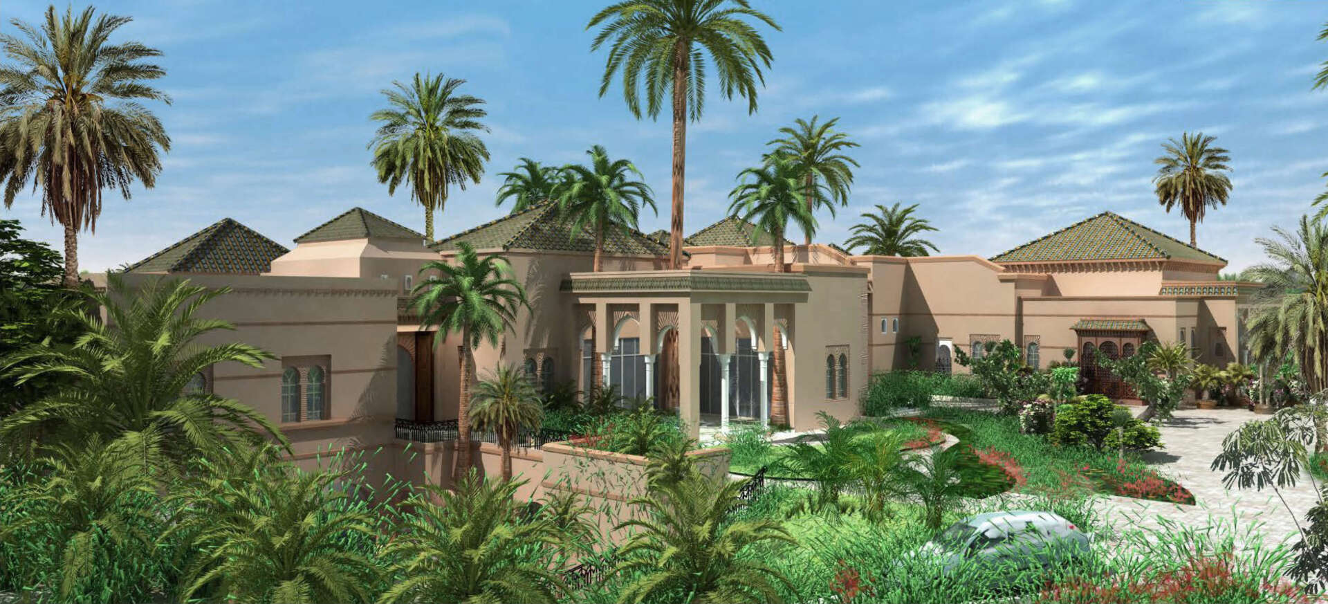 An Arabian style building with palm trees and lush greenery.