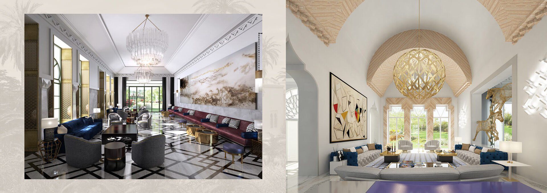 Two luxury interior room views; modern design; elegant furniture.