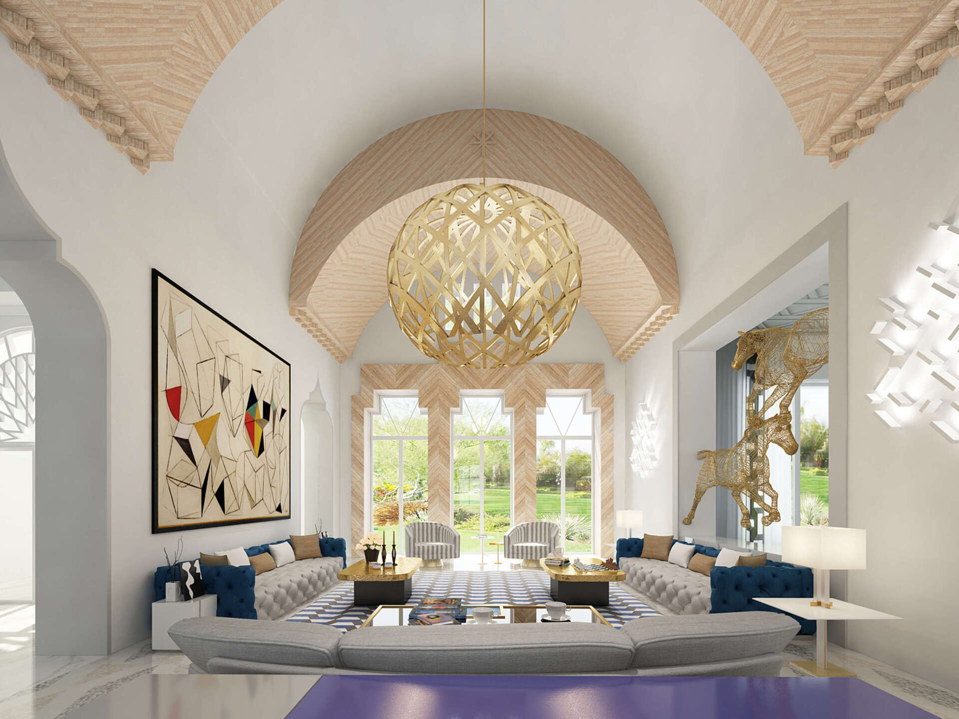 Luxurious living room with gold chandelier, blue sofas, abstract art, and garden view.
