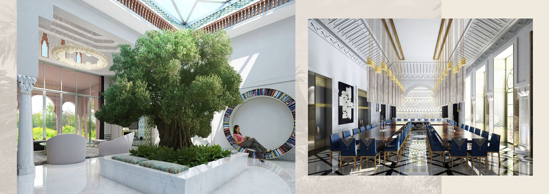 Two interior design renderings: lobby with large tree and seating, and a long hall with dining tables.