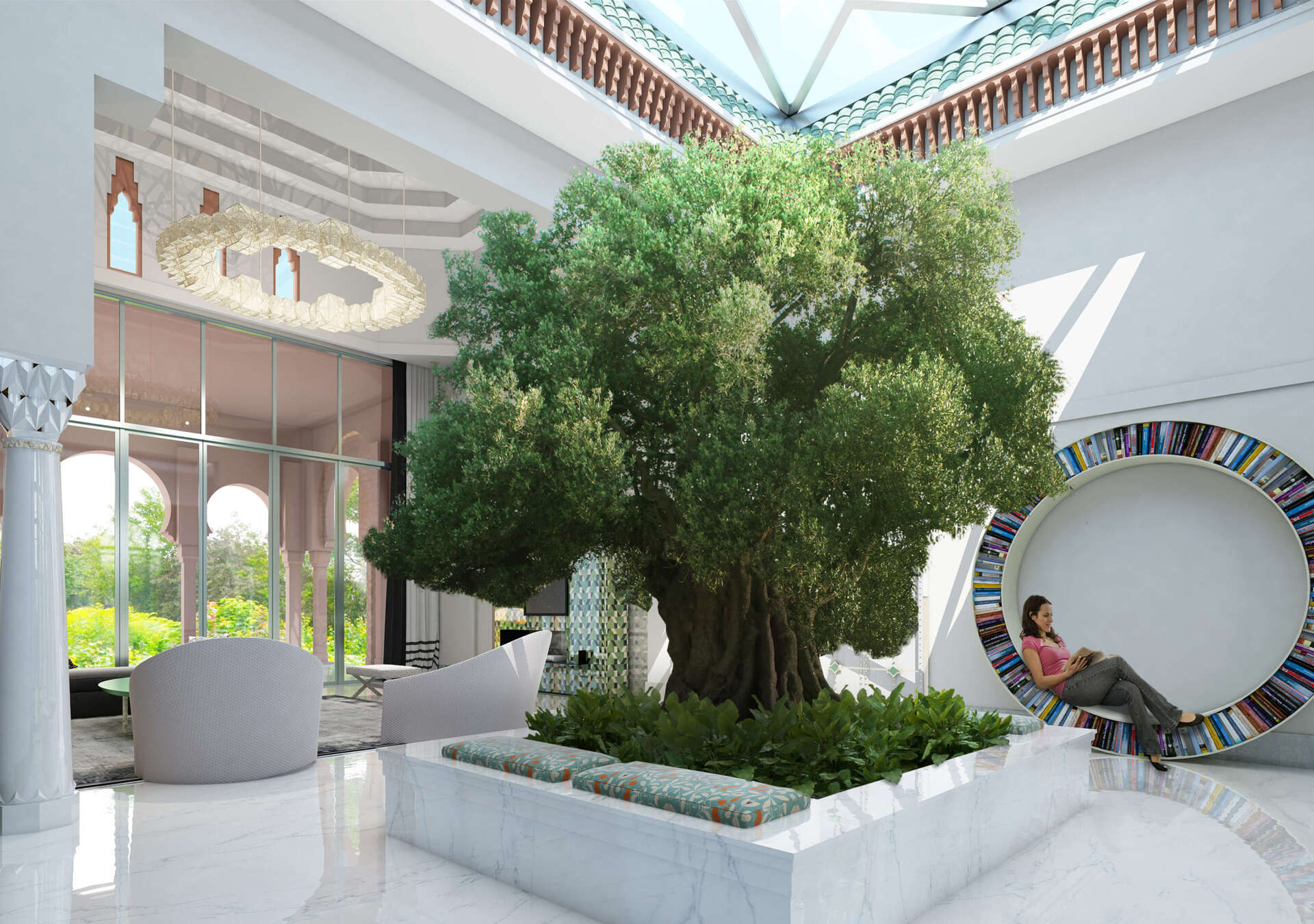Luxurious interior with large tree, white walls, skylight, and a person sitting by a circular bookshelf.