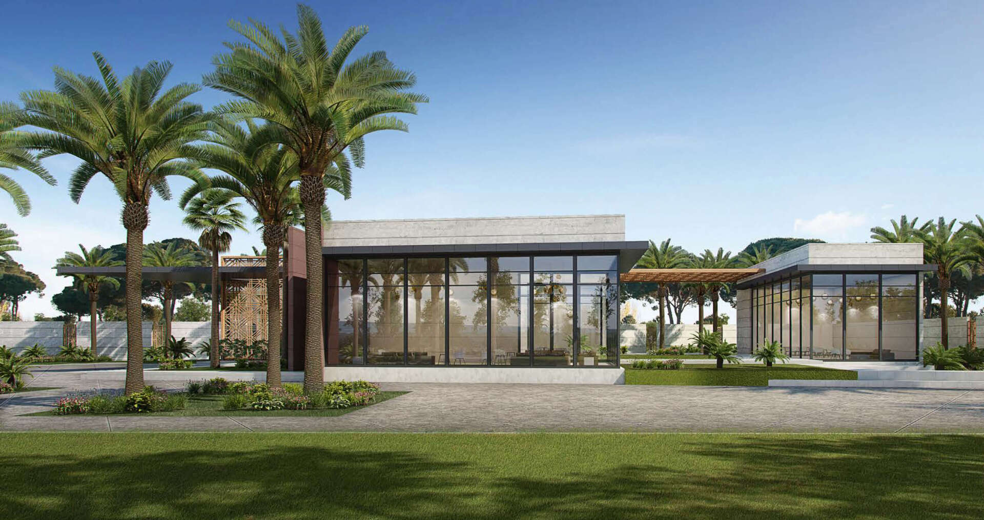 Modern building with glass walls, palm trees, and blue sky.