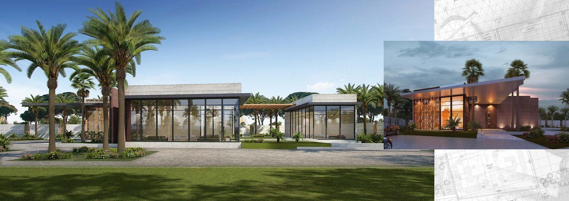 Modern building with palm trees and a landscaped lawn.