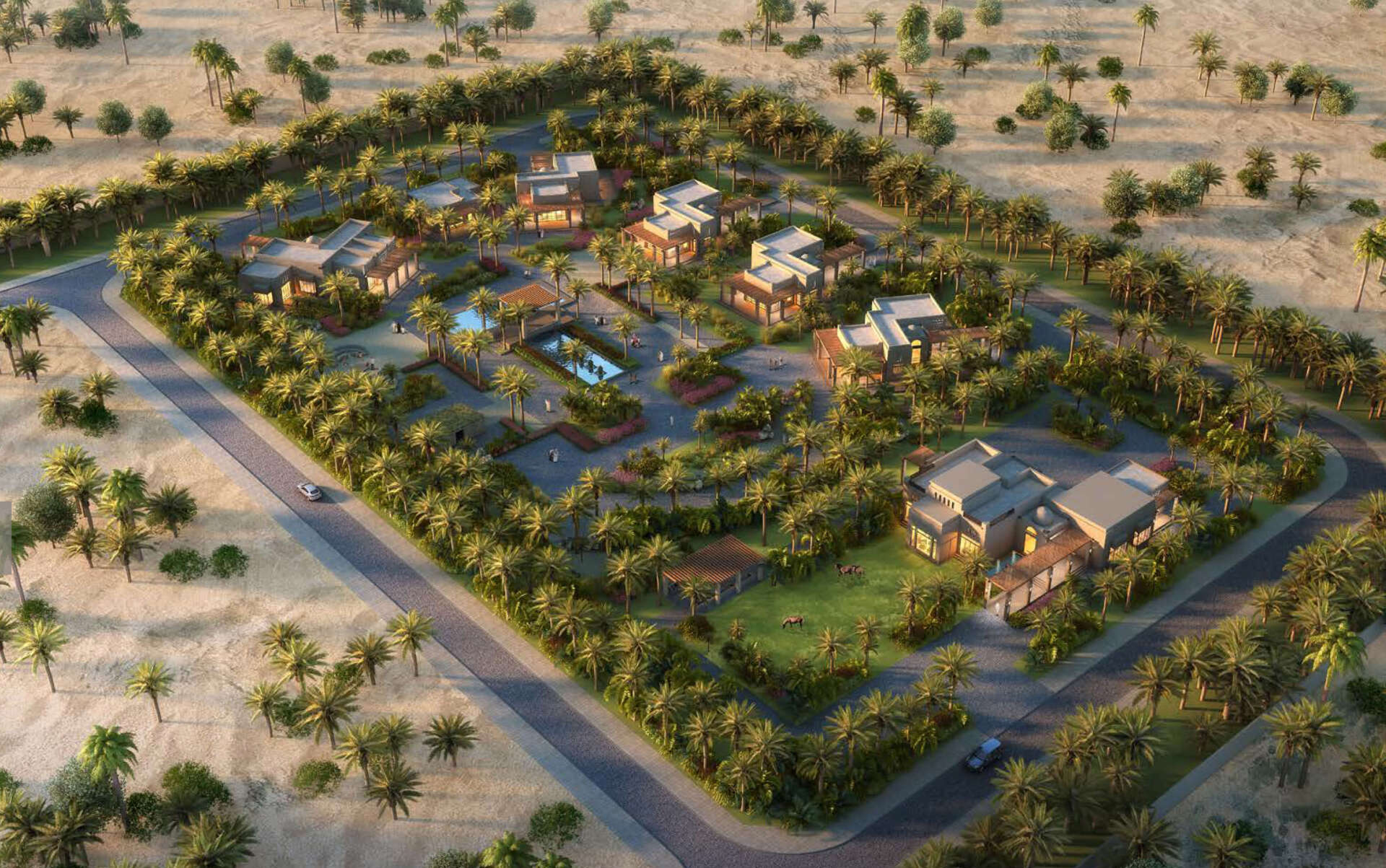 Aerial view of a desert resort with buildings, pools, and trees; surrounded by a road.