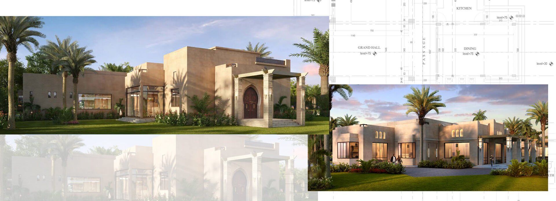 Two desert-style homes with palm trees. One is reflected below; blueprints on the right.